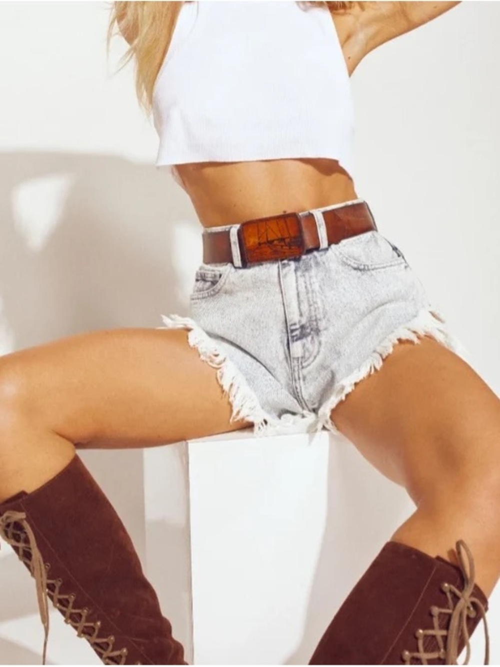 Tacoola Honey High-Rise Light Frayed Denim Shorts